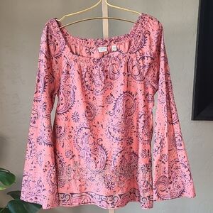 Esprit Bohemian Peasant Style Paisley Dark Coral Pink Top 100% Cotton Size 8